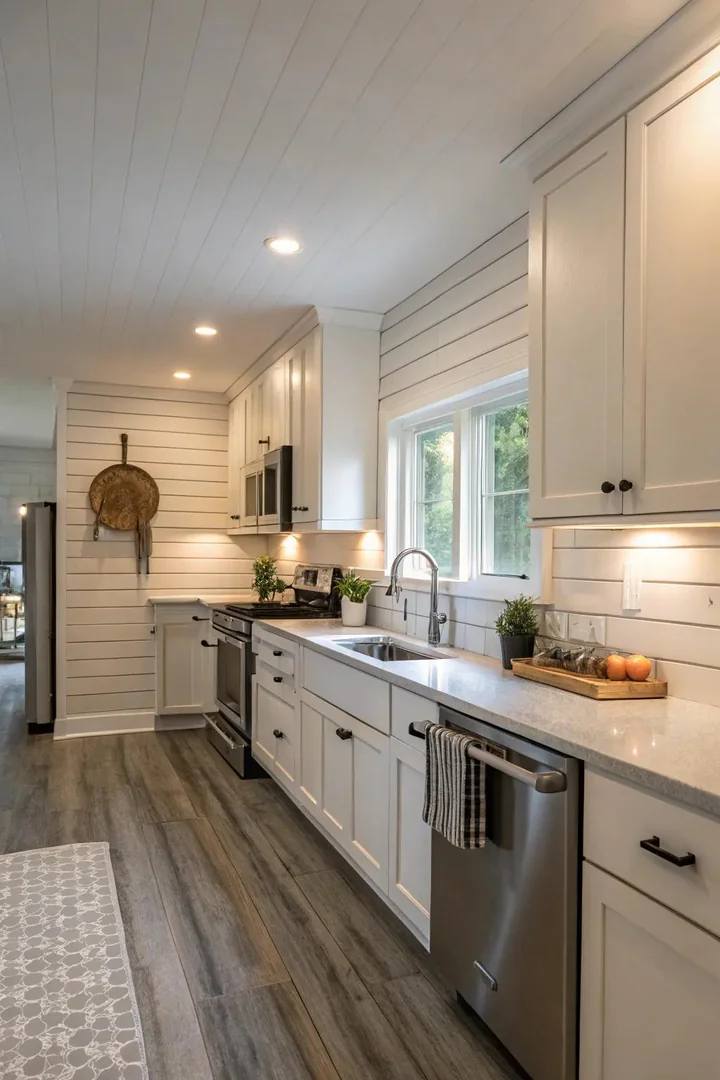 Modern shiplap wainscoting in a kitchen.