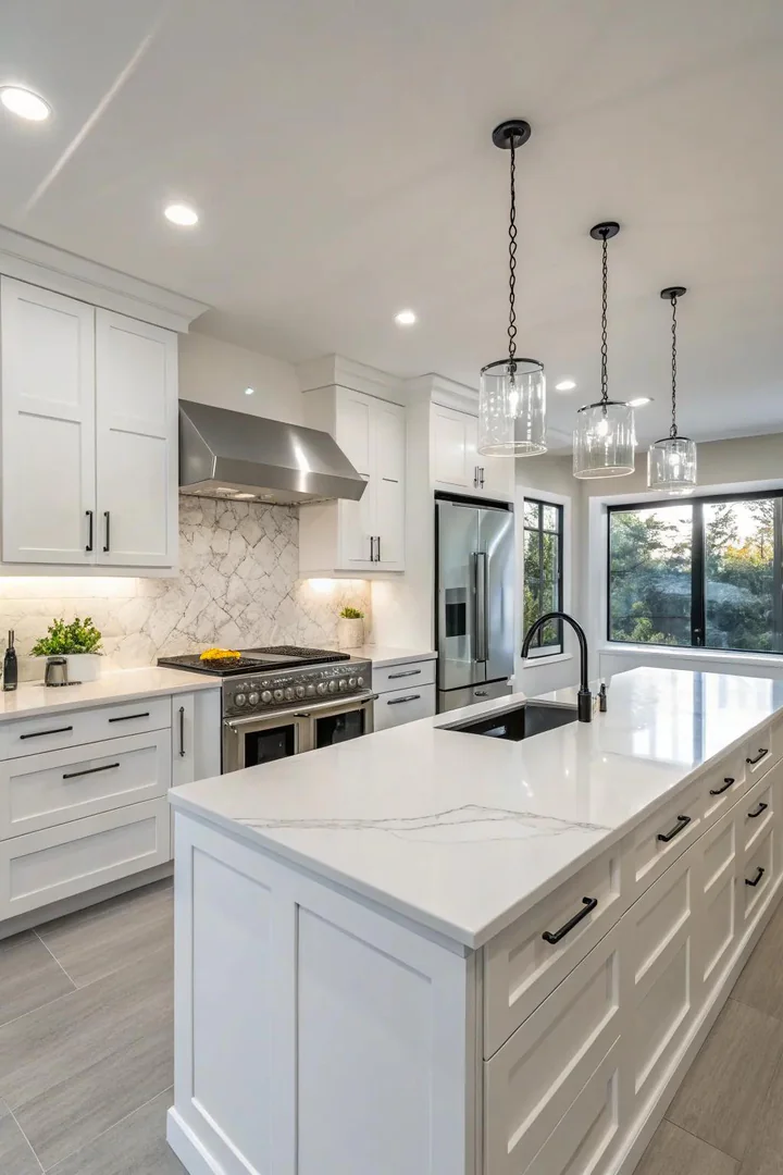 Engineered white quartz kitchen countertop.