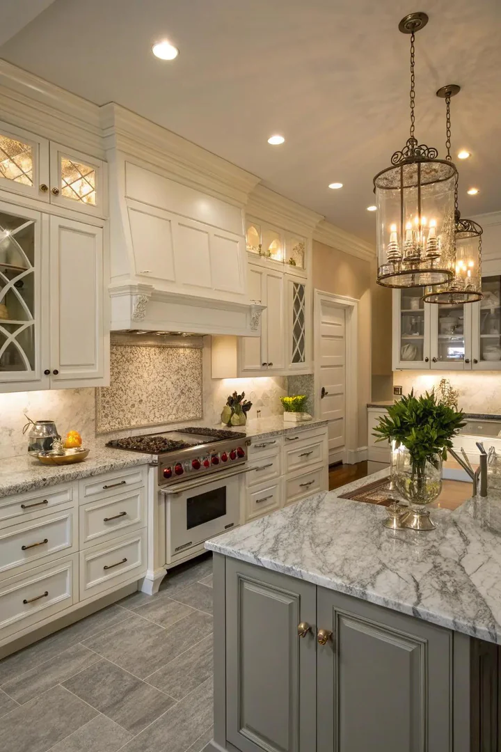 White kitchen with Carrara marble countertops showing soft gray veining.