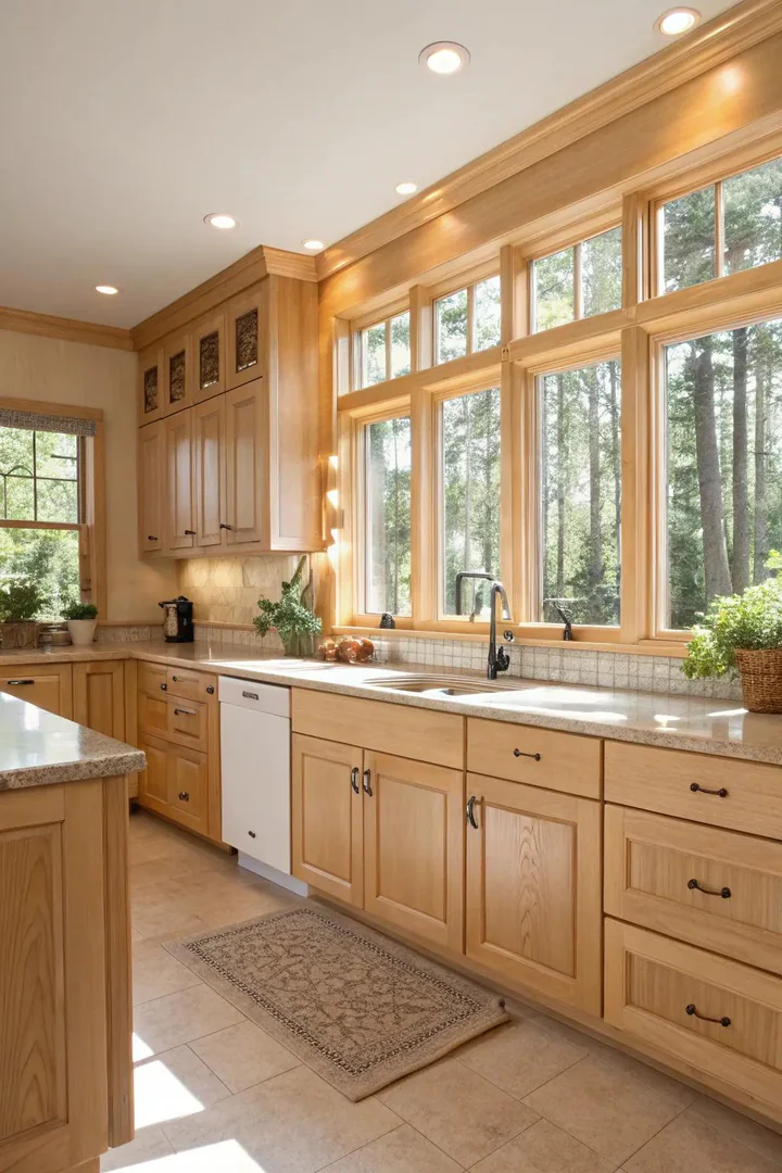 Light maple wood kitchen cabinets in a bright kitchen.