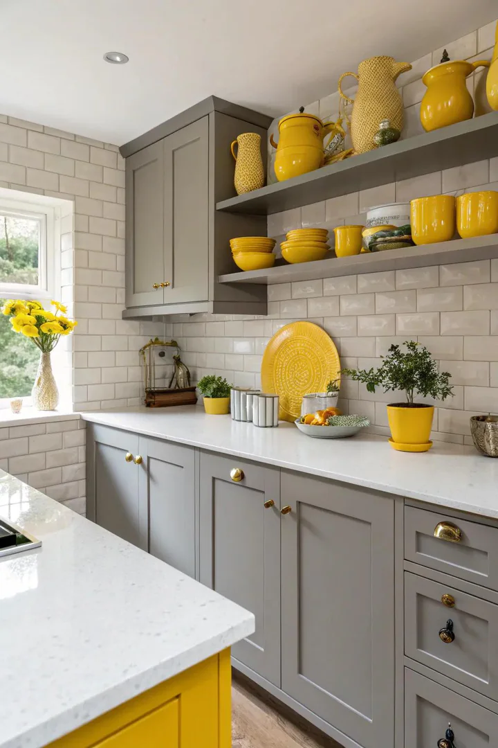 Grey Shaker cabinets accented with yellow accessories on open shelves.