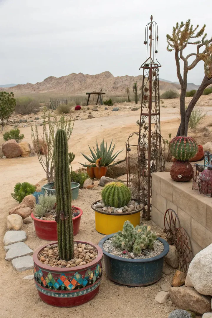 Desert garden features made from recycled metal, reclaimed wood, and repurposed concrete chunks