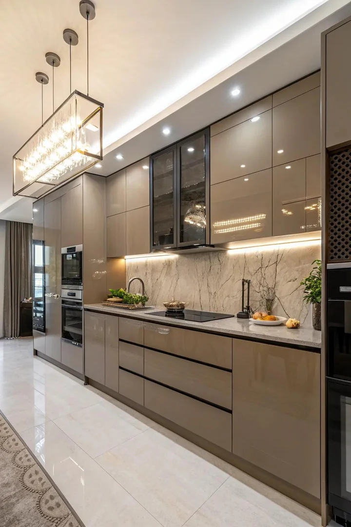 A brass chandelier adds warmth above dark beige cabinets.