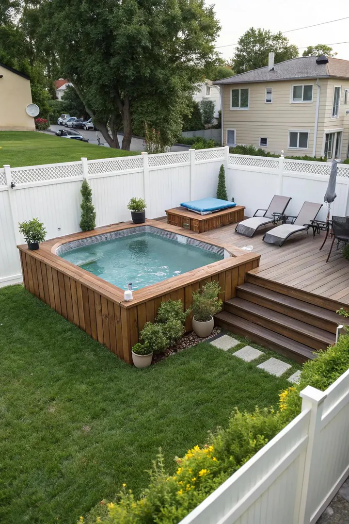Above-ground pool with an attached inflatable hot tub creating a combined pool and spa setup