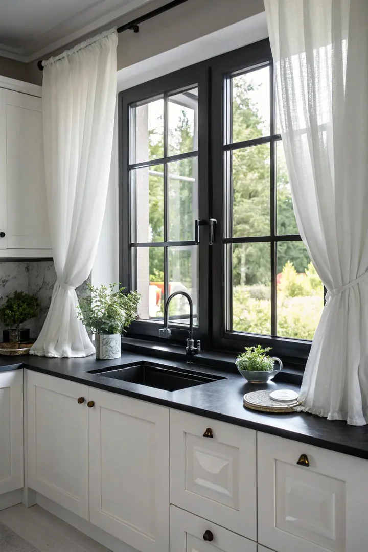Black-and-white color scheme around a kitchen window over the sink.