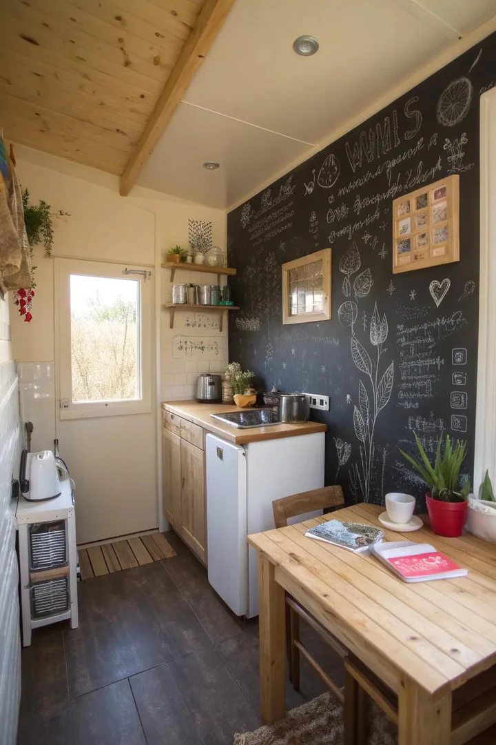 Chalkboard accent wall in a small kitchen.