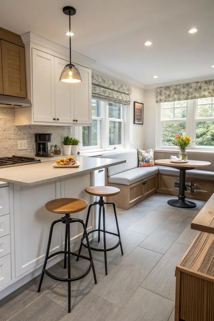 Kitchen with counter stools, a window bench, and a movable cart