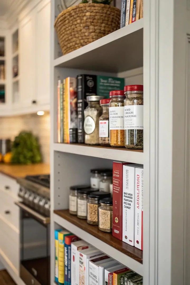Narrow end-cap shelves on the side of kitchen cabinets.