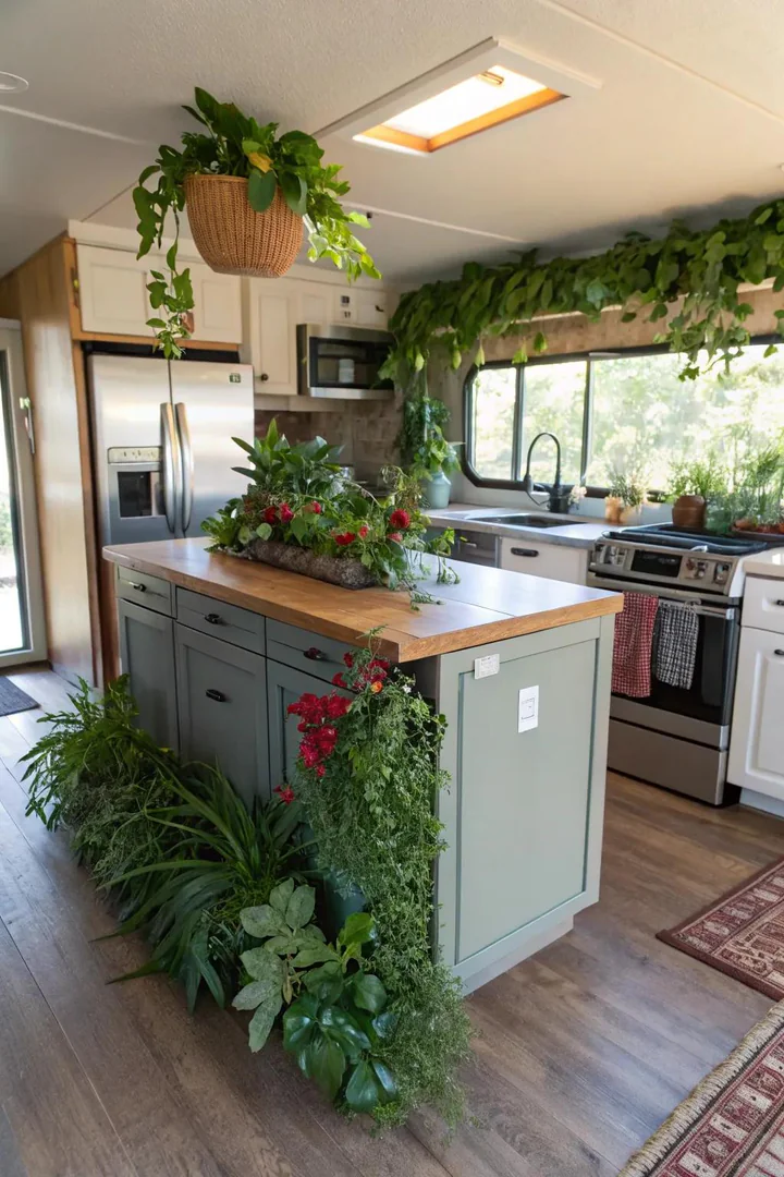 Potted herbs and trailing plants arranged on an island shelf near a window