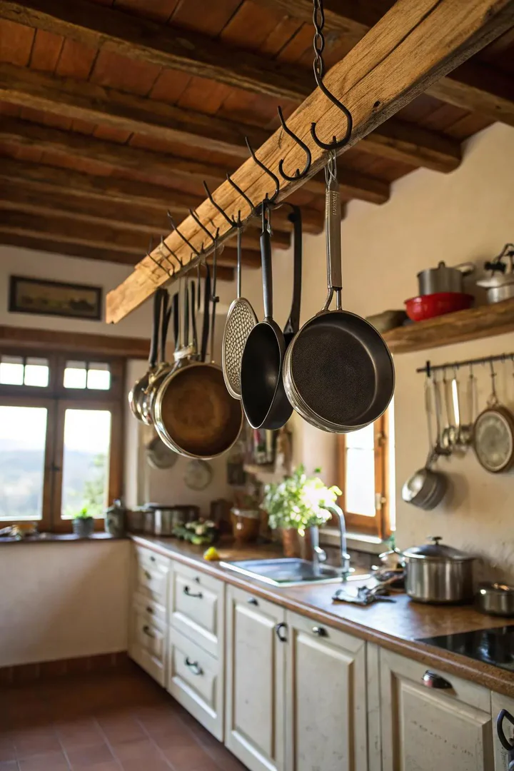 Pots and pans hanging from a ceiling-mounted rack above an island