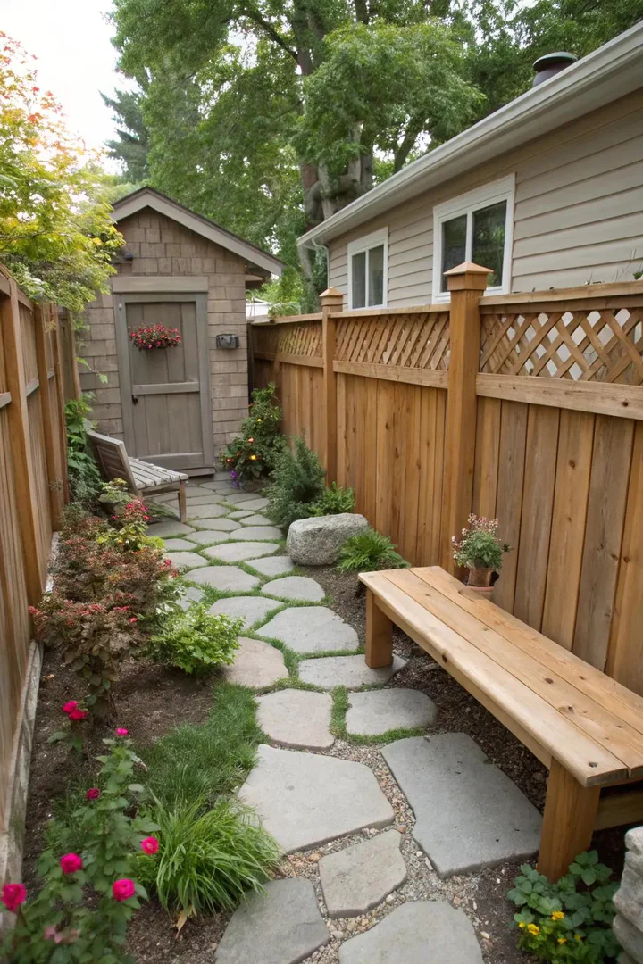 Small backyard patio using natural stone pavers, a cedar bench, and gravel ground cover