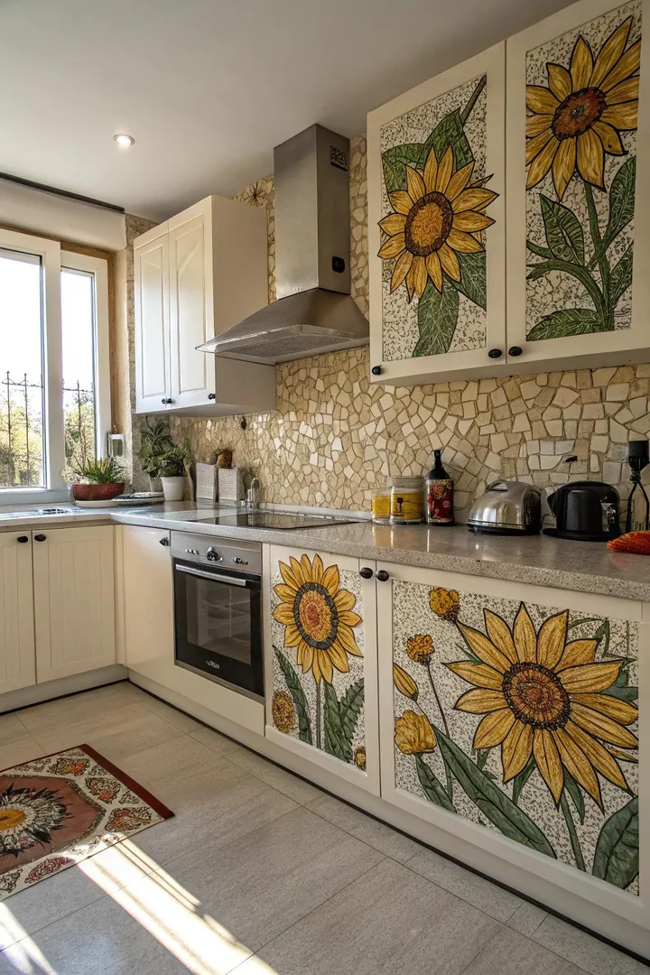 Sunflower mosaic tile art near kitchen cabinets.