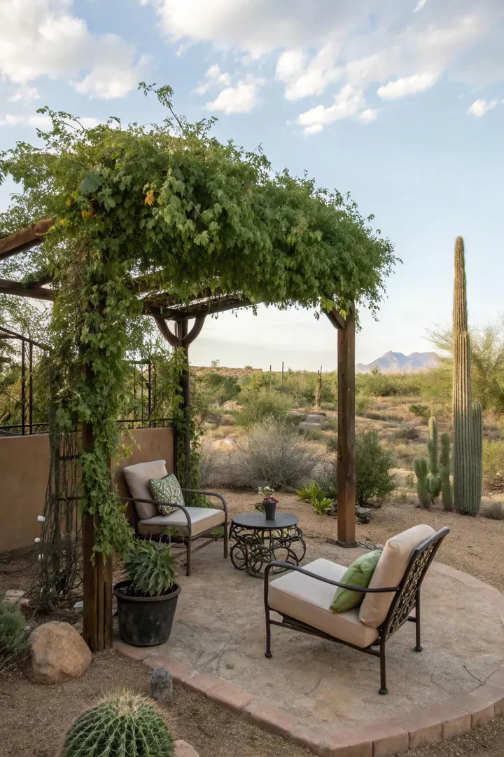 Secluded seating nook in a desert garden surrounded by tall grasses and a stucco privacy wall