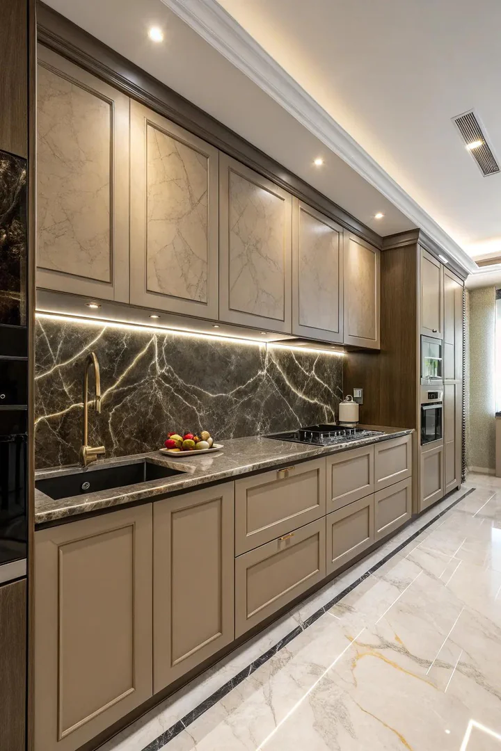 Quartzite slab surfaces pair beautifully with dark beige cabinets.