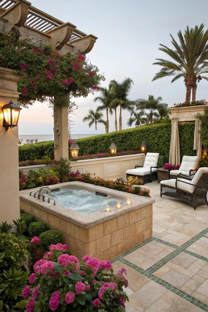 Tropical-themed hot tub patio with palm plants, tiki torches, and a bamboo privacy screen