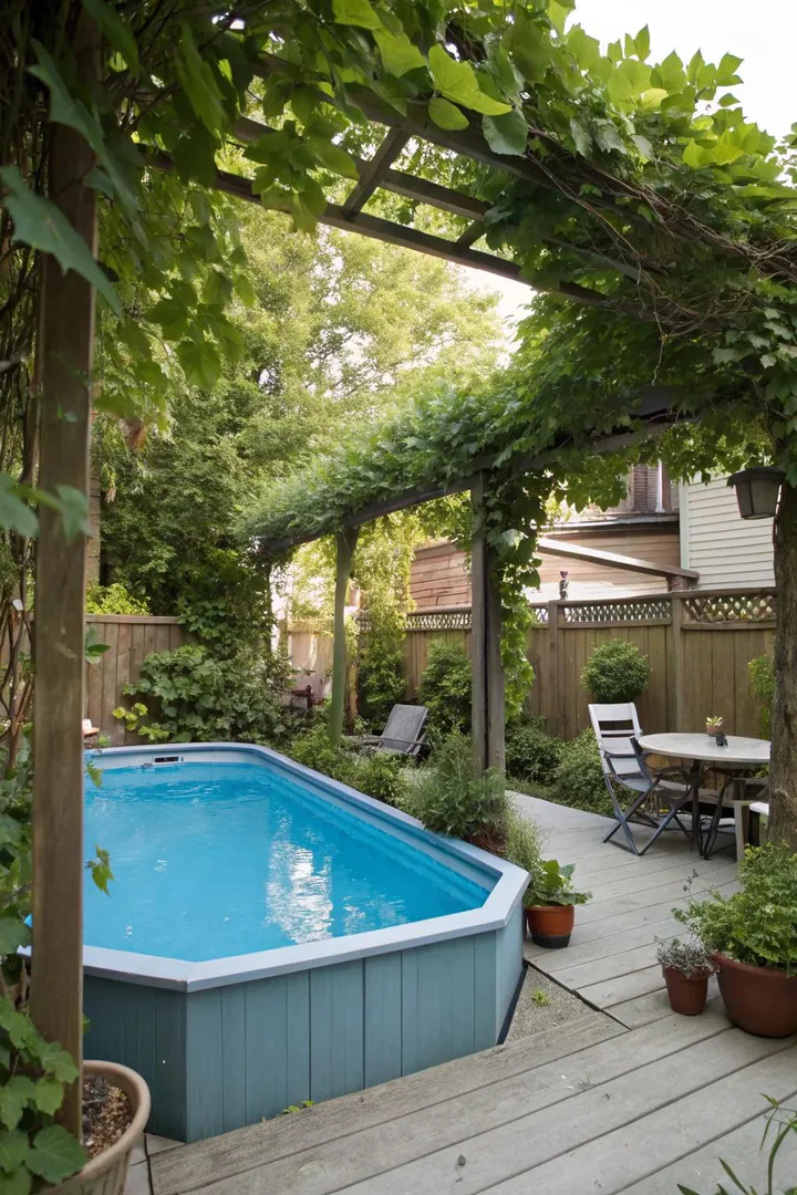 Wooden trellis panel with climbing vines positioned behind an above-ground pool for shade and privacy