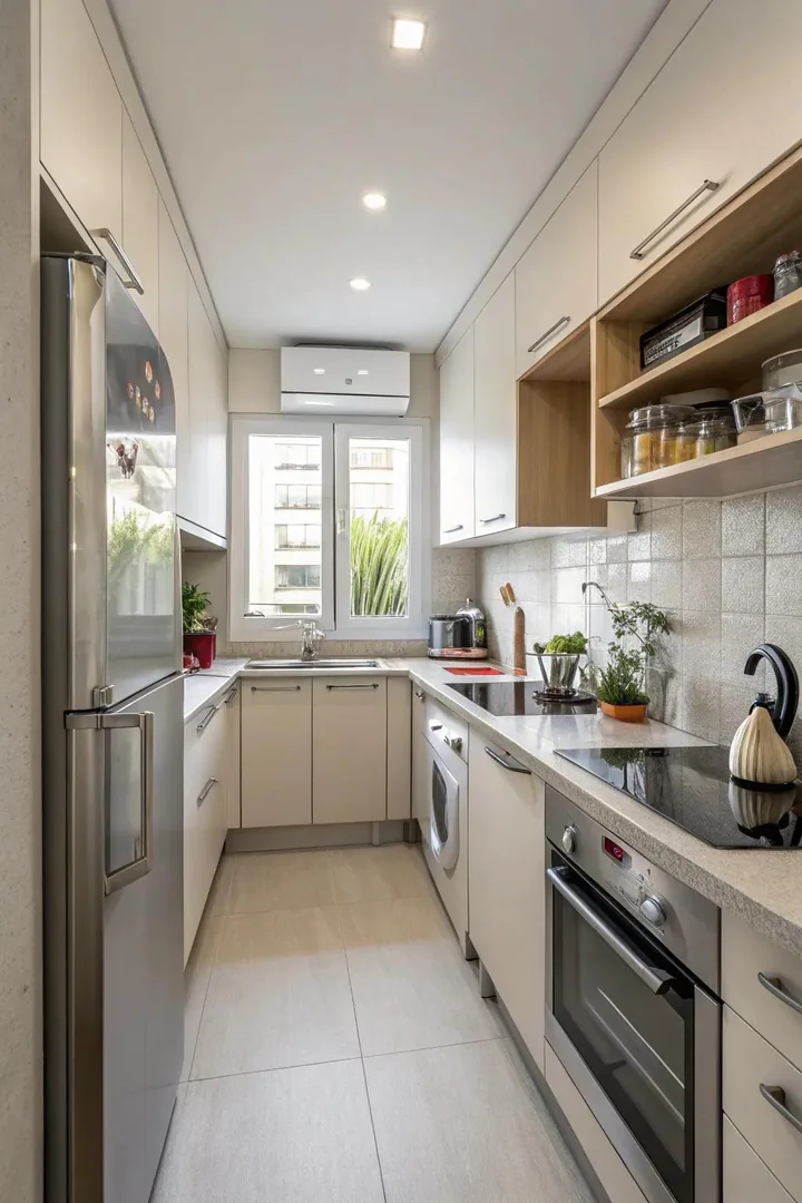 Panel-ready integrated appliances in a small kitchen.