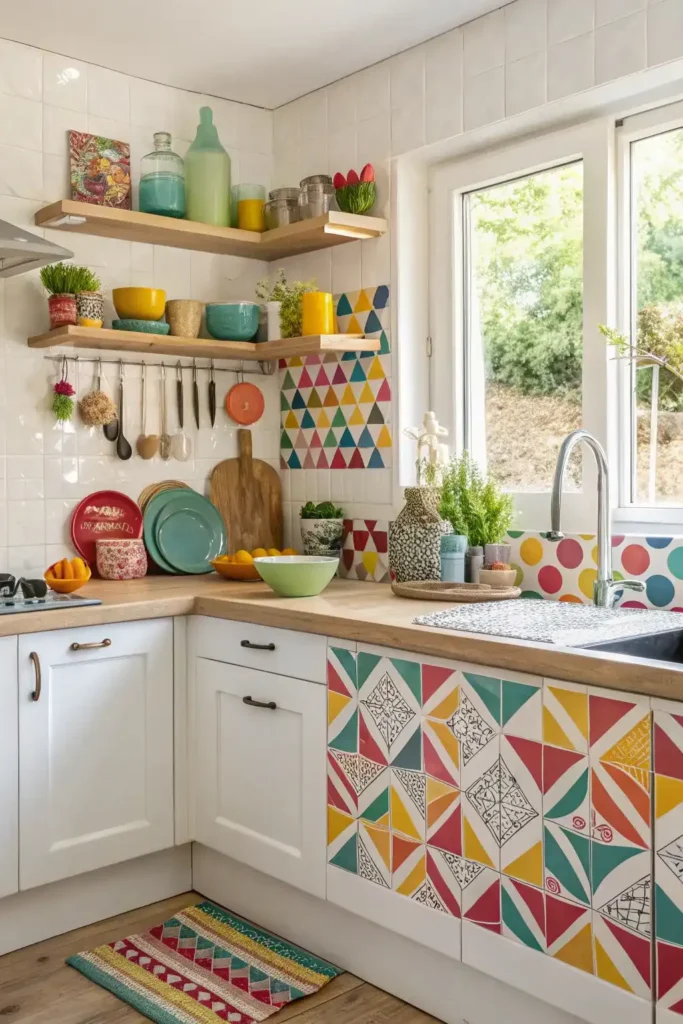 Geometric shape tile kitchen backsplash.