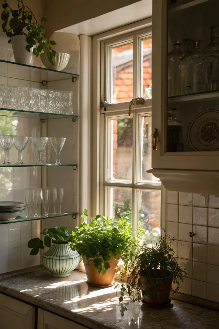 Glass shelves spanning a kitchen window holding plants and herbs.