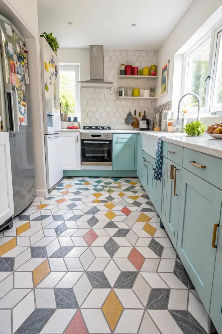 Geometric marble tile pattern on a kitchen floor.