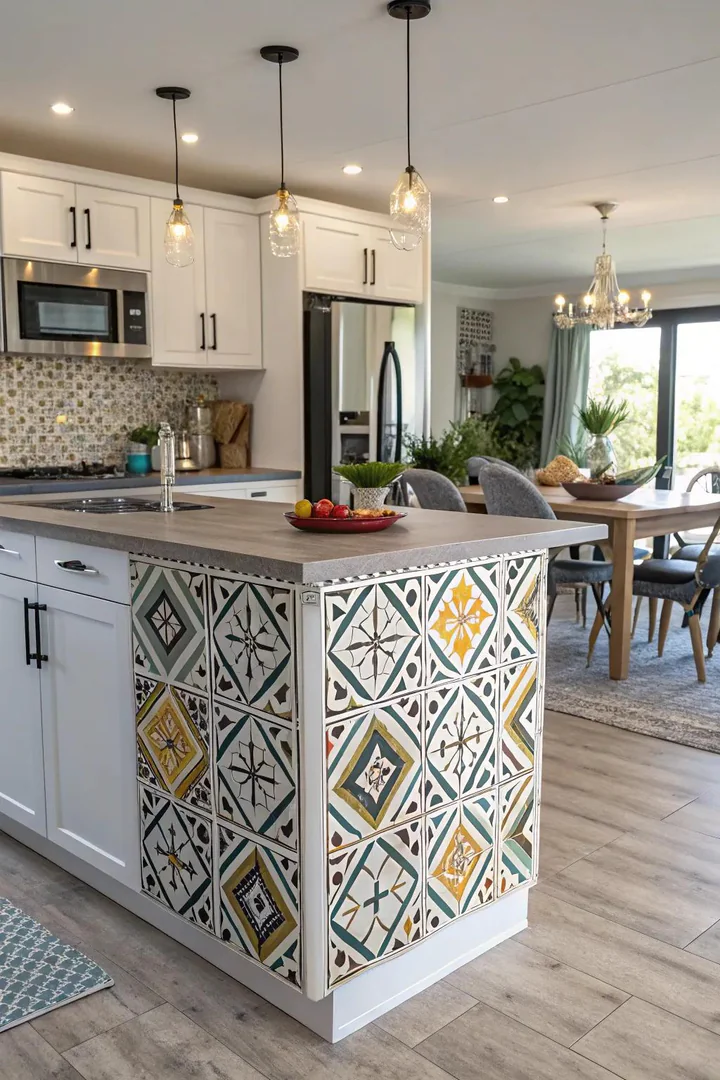 Island with geometric tile or patterned panel on the front face