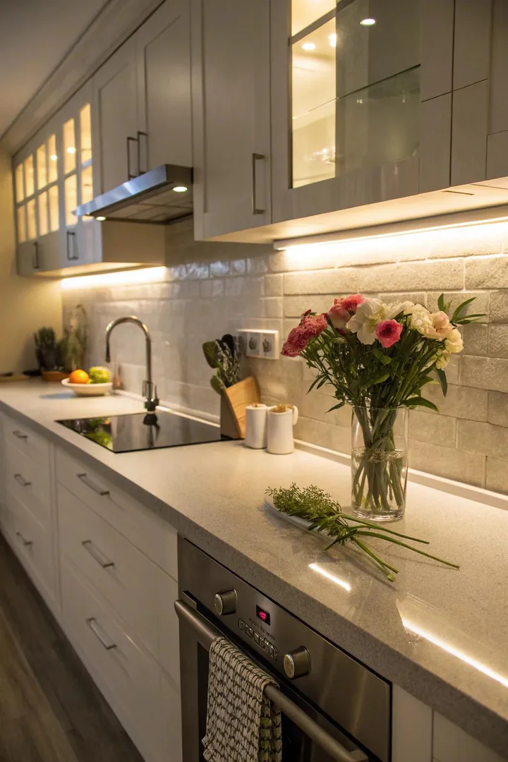 LED strip lights glowing under kitchen upper cabinets