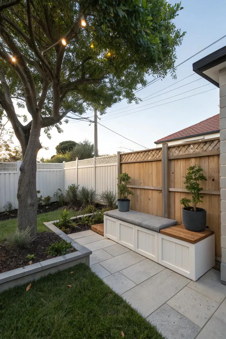 Outdoor deck box and wall-mounted tool organizer providing hidden storage in a small backyard