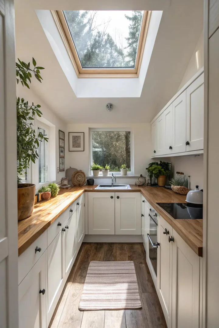 Skylight or solar tube bringing natural light into a small kitchen.