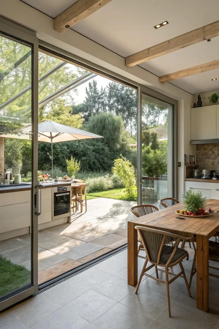 Kitchen with a large sliding door opening to an outdoor dining patio