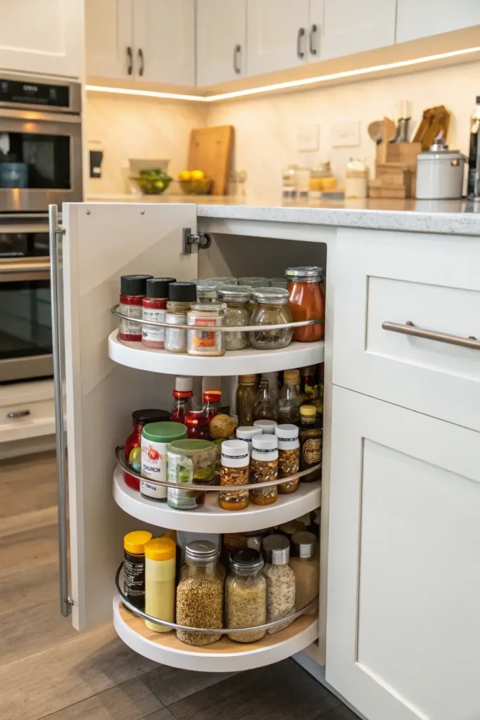 Stacking turntable system inside a deep kitchen cabinet.