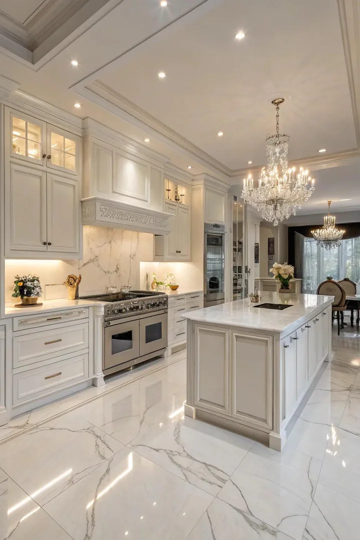 Snow white honed marble kitchen floor.