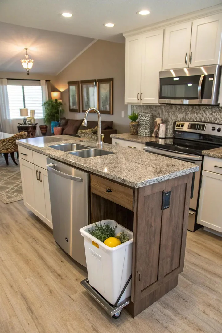 Island cabinet door open to reveal a dual-bin trash and recycling pullout