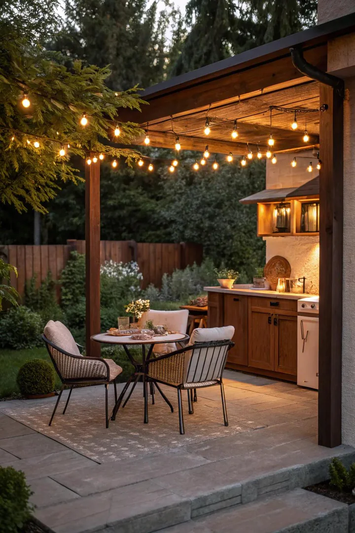 Cozy covered patio outdoor kitchen.
