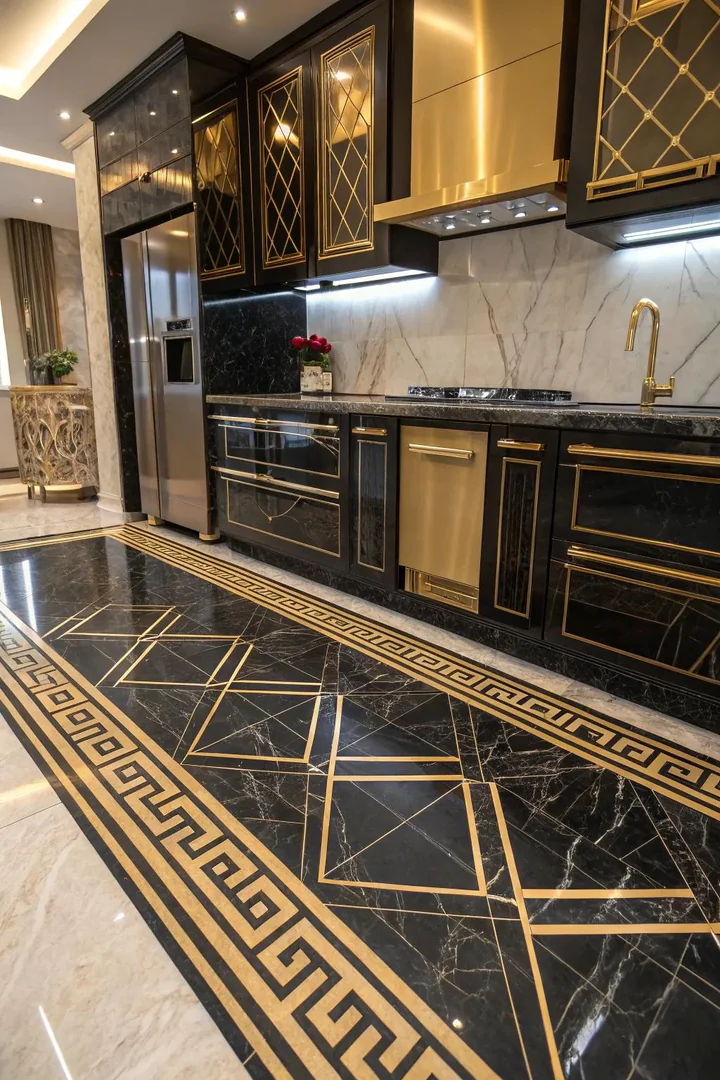 Black and gold Art Deco marble kitchen floor.