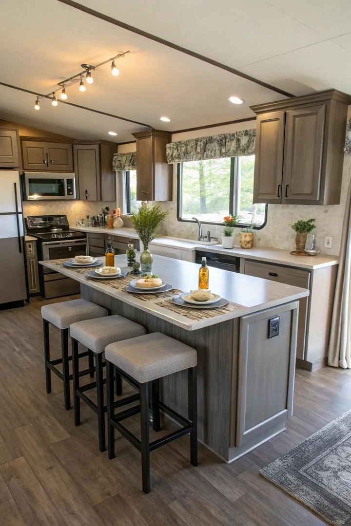 Island with an attached table surface extending into the dining area