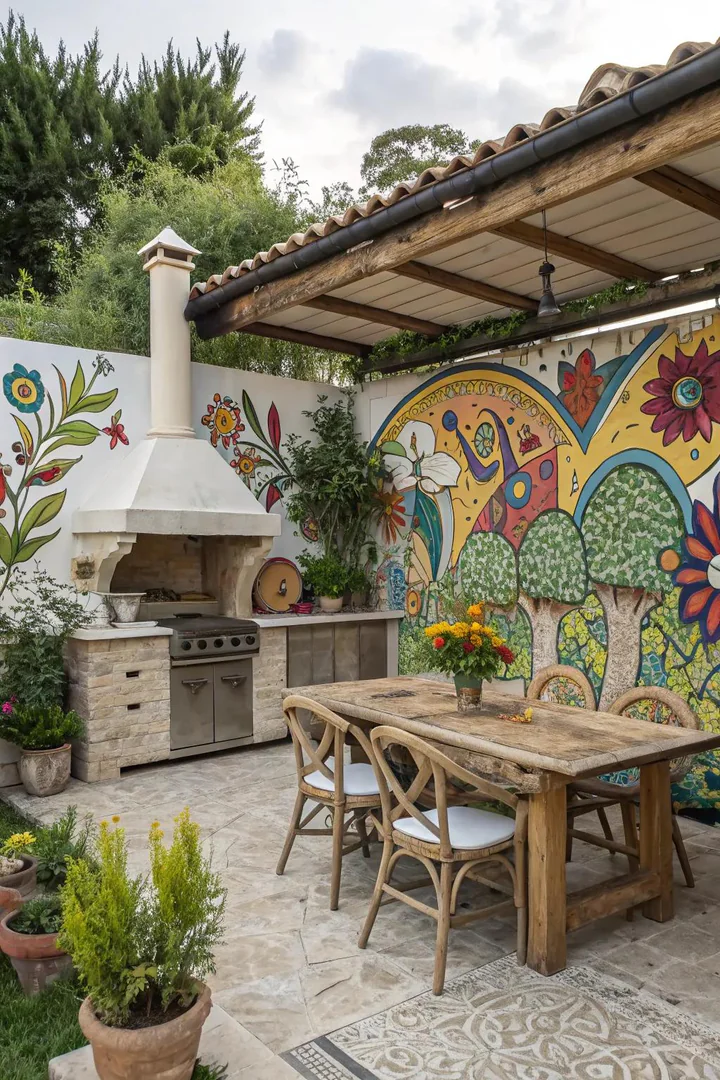 Artistic mosaic details on outdoor kitchen surfaces.