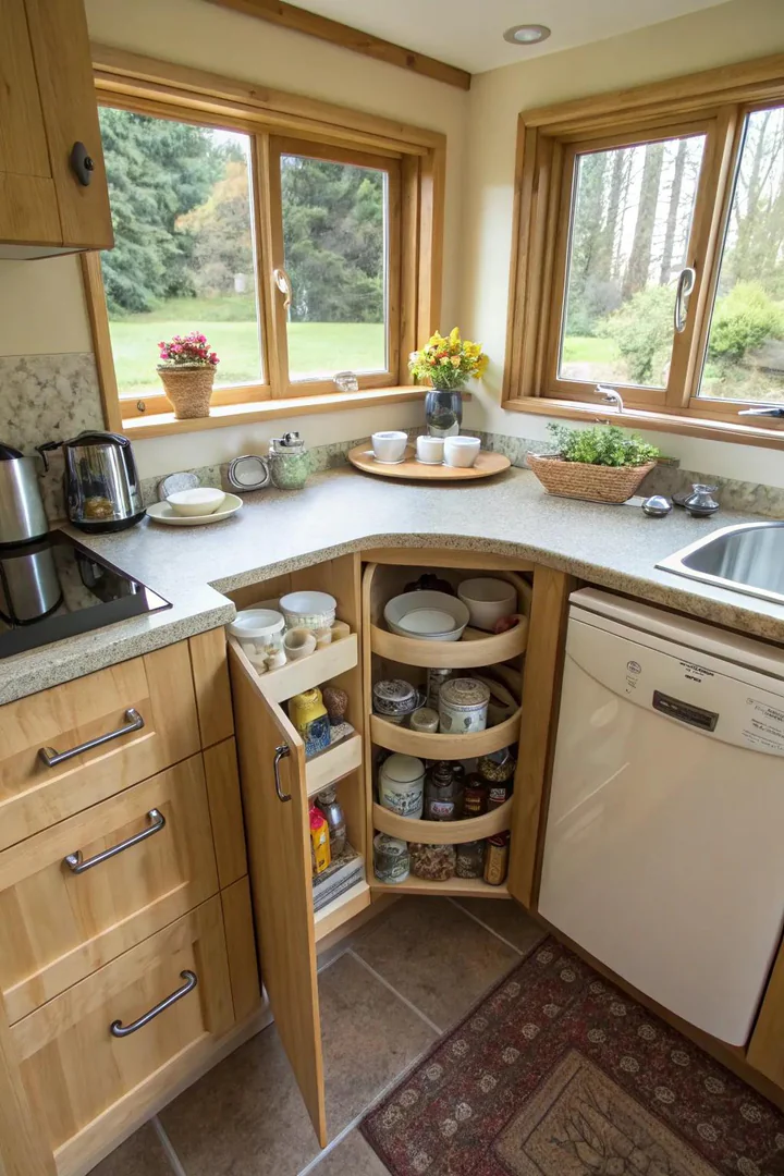 Corner cabinet optimization with lazy Susan in a small kitchen.