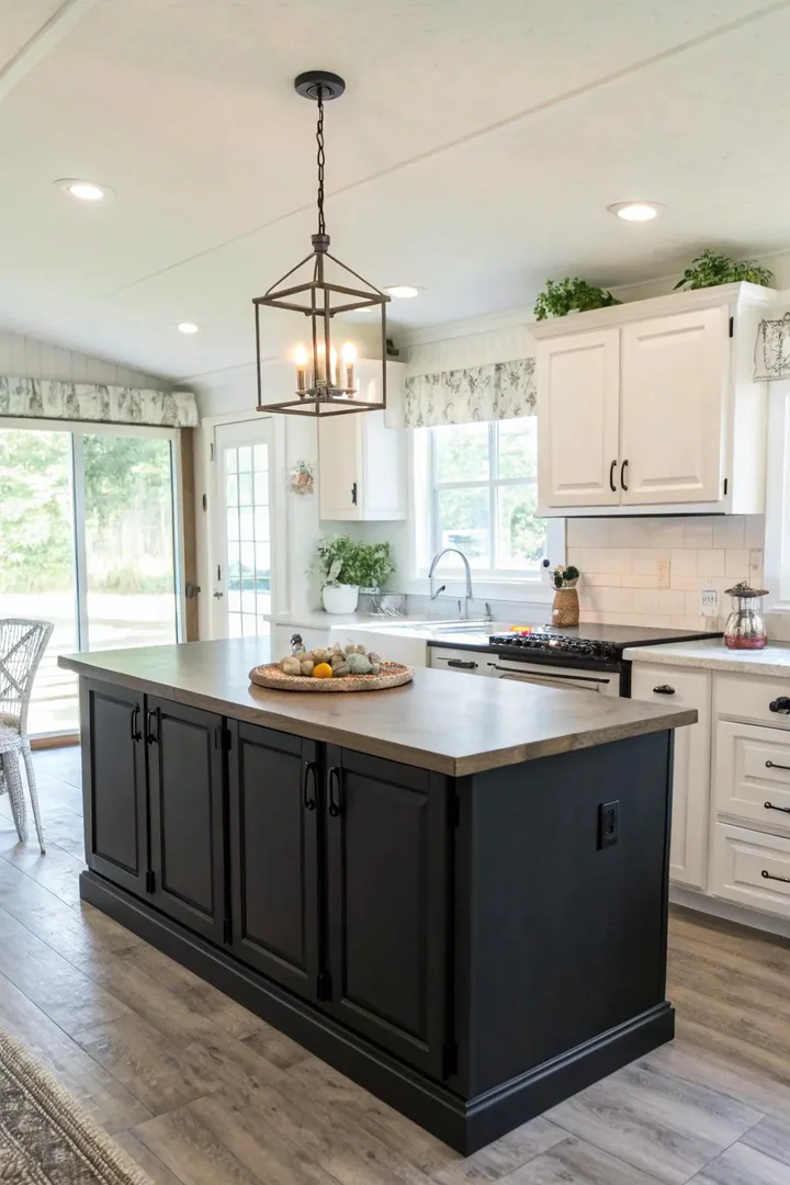 Matte black painted island creating contrast against light kitchen walls
