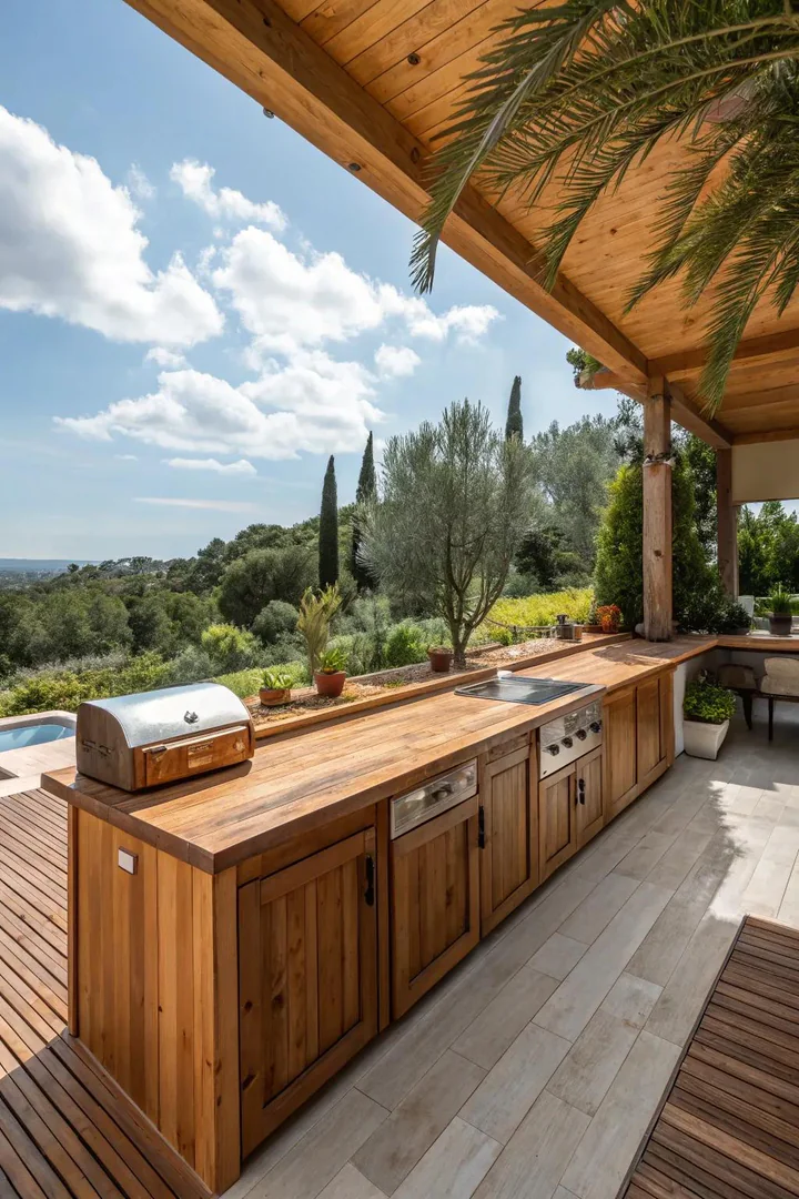 Warm wood-tone finishes on outdoor kitchen surfaces.