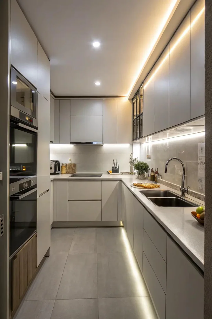 Under-cabinet accent lighting in a small kitchen.