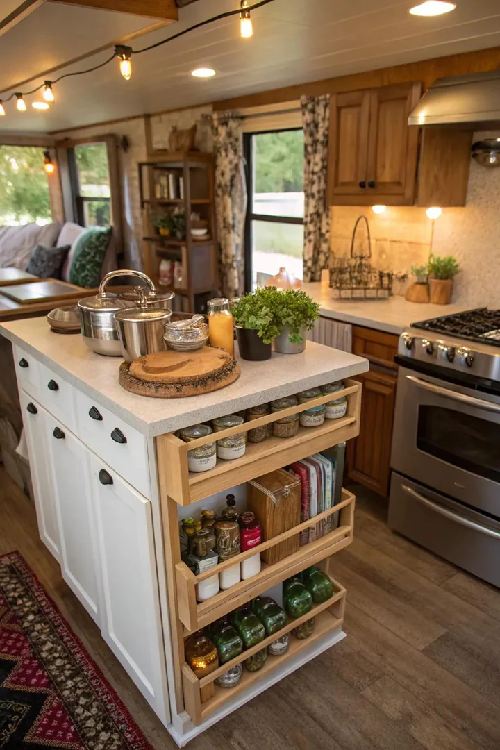 Pull-out spice rack drawer in a kitchen island holding rows of labeled jars