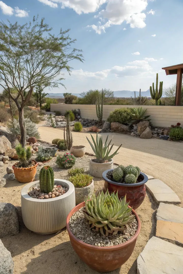Succulent garden bed with agave, echeveria, and sedum planted in decomposed granite
