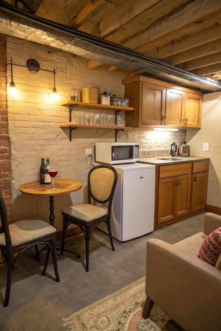 Compact L-shaped corner kitchenette in a finished basement