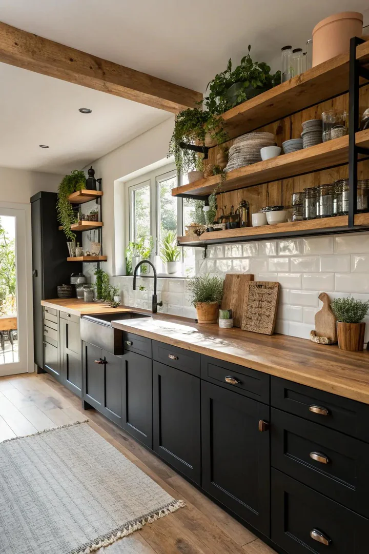 A cozy kitchen with black cabinets complemented by warm wooden accents.
