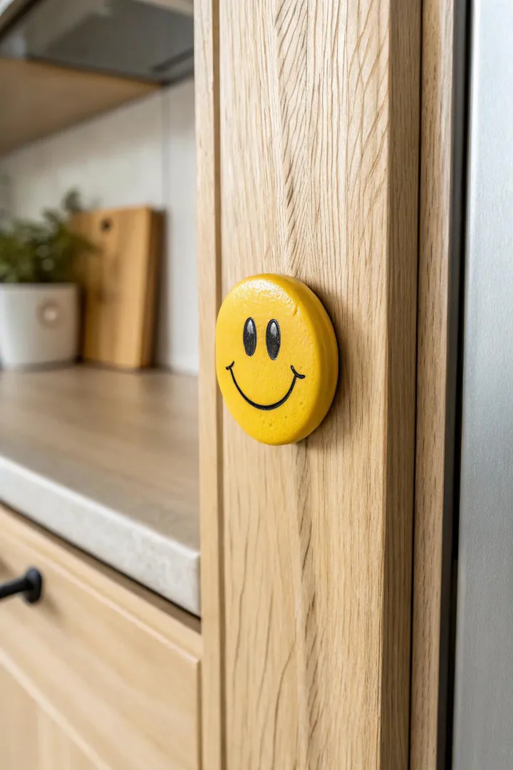 Yellow clay smiley face magnet with a wide grin