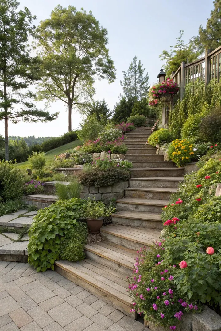 Corner deck stairs surrounded by planted beds with ornamental grasses and shrubs