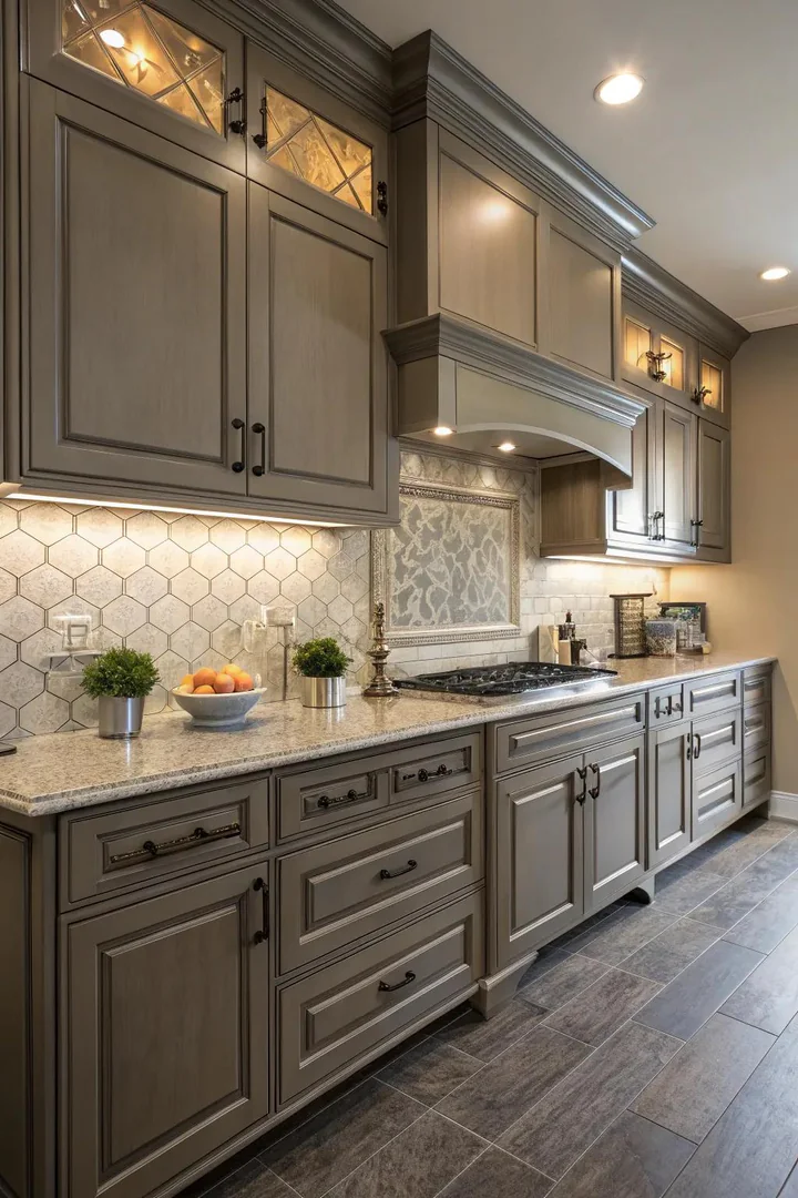 A gray backsplash offers a modern contrast to beige cabinets.