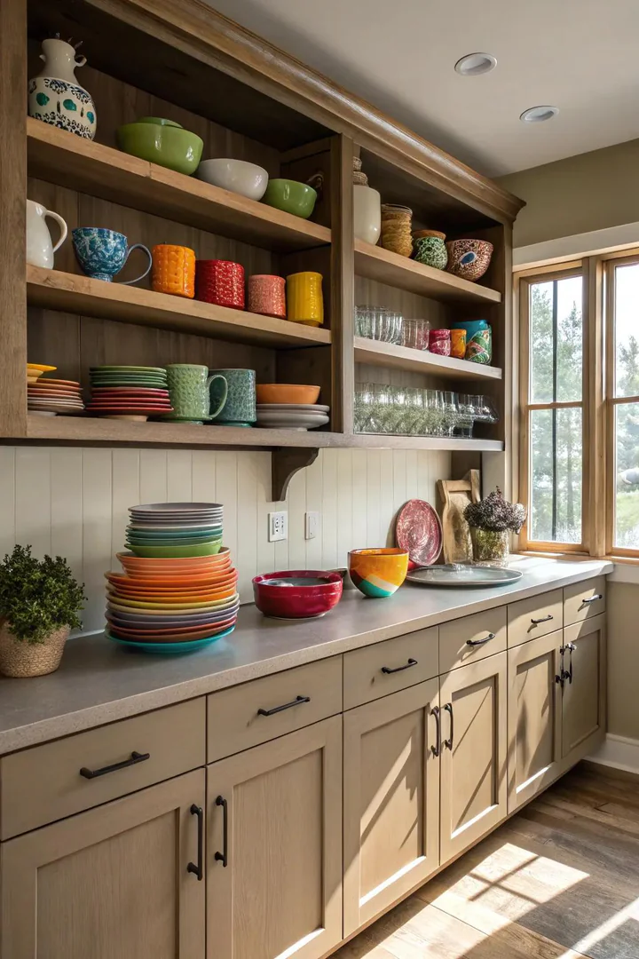 Open shelving adds contrast and functionality to dark beige kitchens.