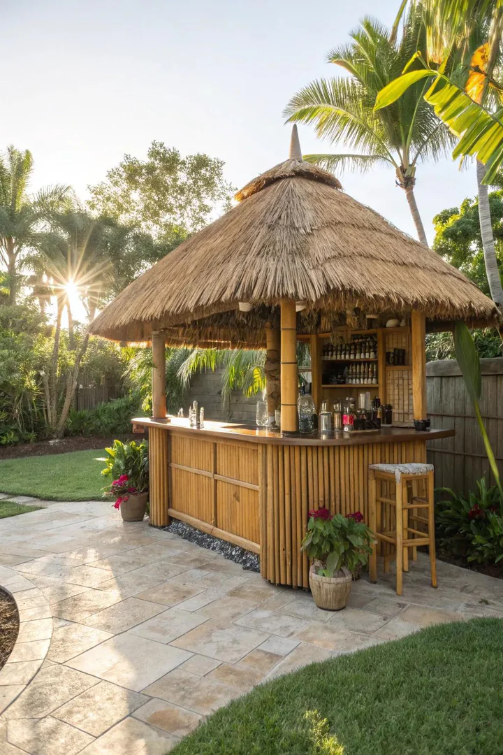 Tiki-themed pallet bar with bamboo accents and a thatched roof overhang