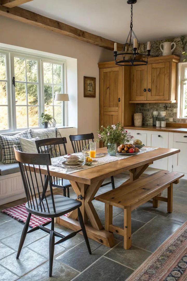 Farmhouse dining table with a wooden bench on one side and chairs on the other